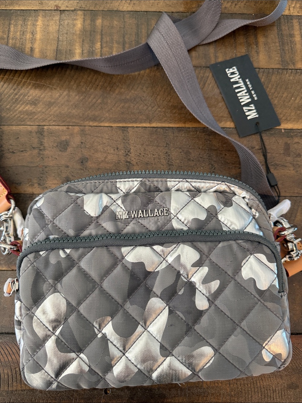 MZ Wallace Quilted Gray Camo Crossbody with Tan Trim - Picture 5 of 5